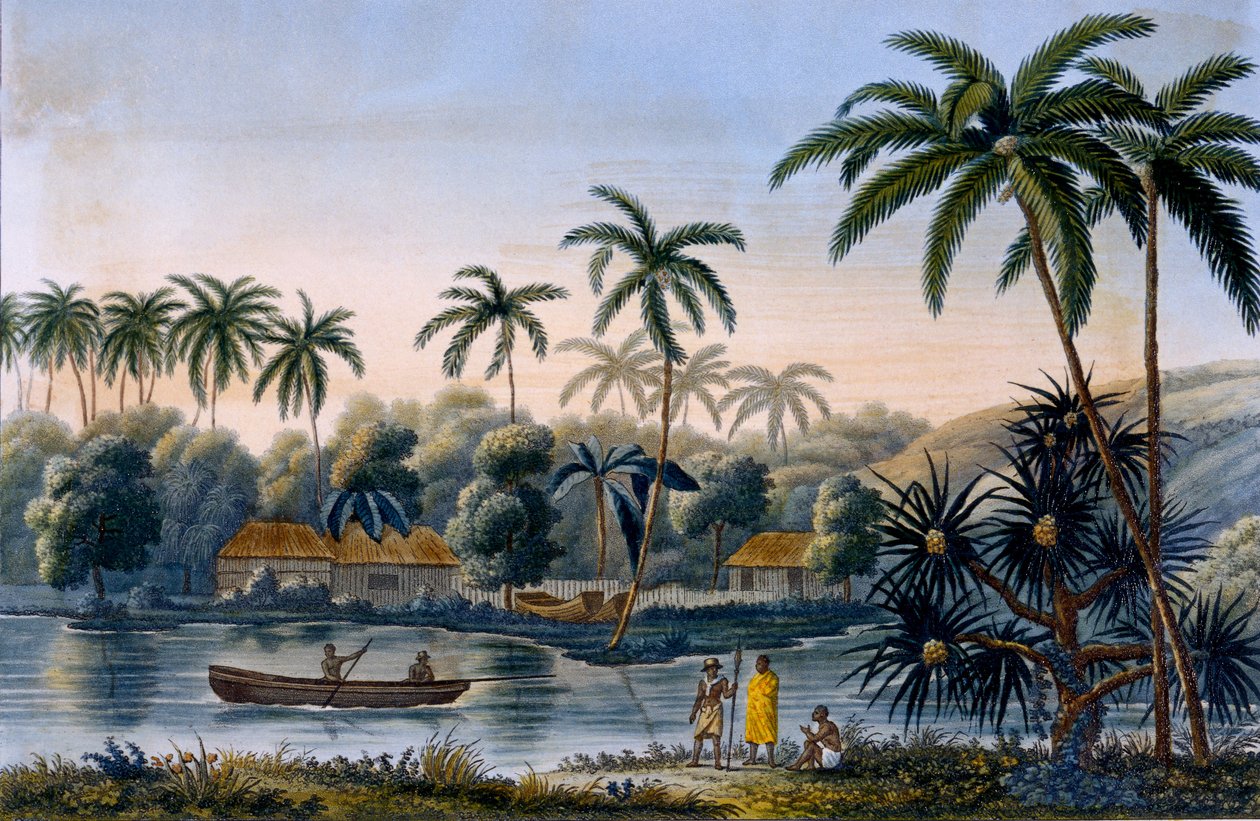 Deel van het dorp Matavae, kokospalmen en ander fruit, Tahiti, uit Voyage autour du Monde sur la Corvette Coquille door Luitenant Louis Isodore Duperrey, gepubliceerd 1826 door French School