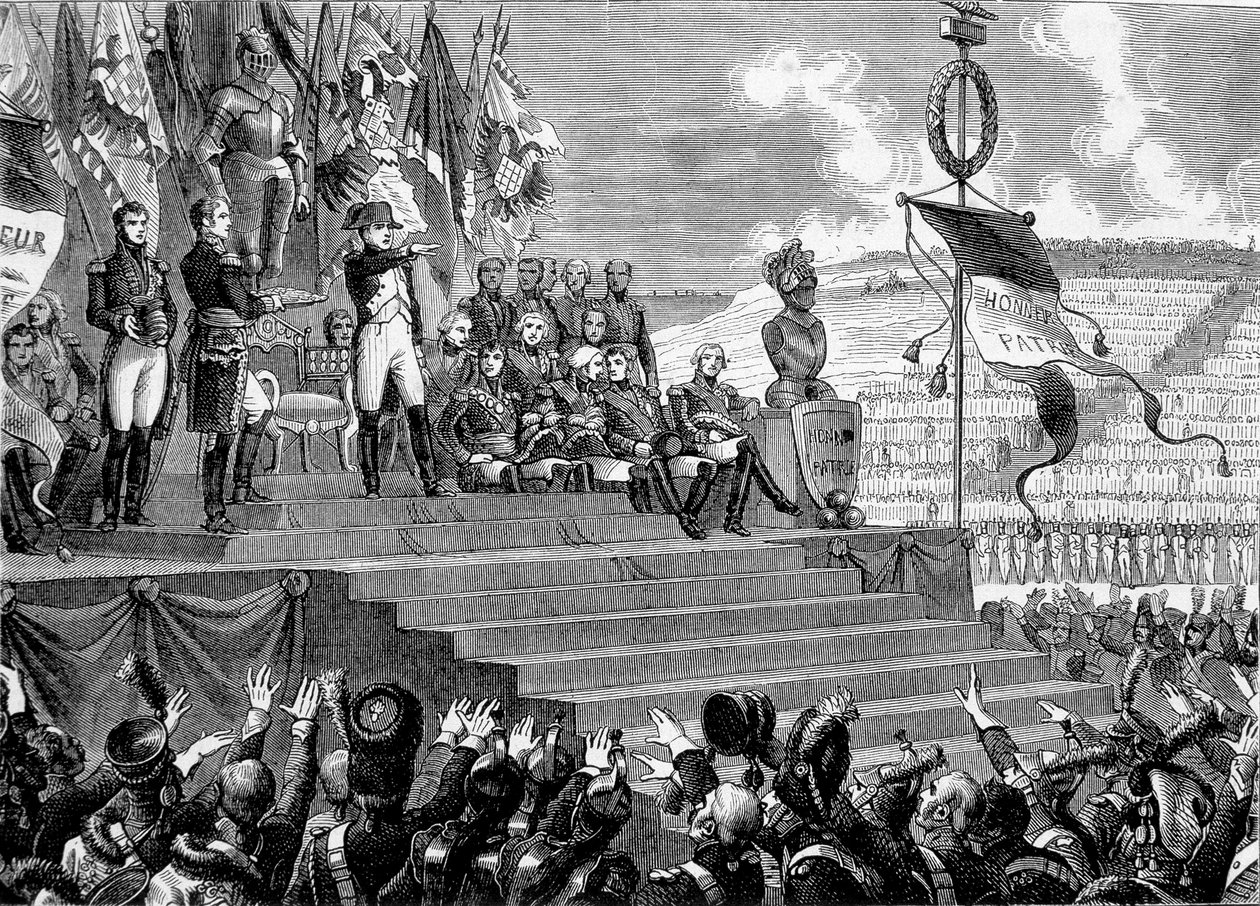 Feest in de kampen van Boulogne: Napoleon I consul. Gravure - in 