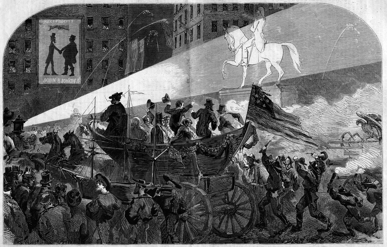 Feest in de straten van New York (New York) ter viering van de installatie van de trans-Atlantische telegraafkabel tussen de Verenigde Staten (Verenigde Staten) en Engeland in 1858. Gravure in Le Monde Illustré nr. 79 van 16 oktober 1858 door French School