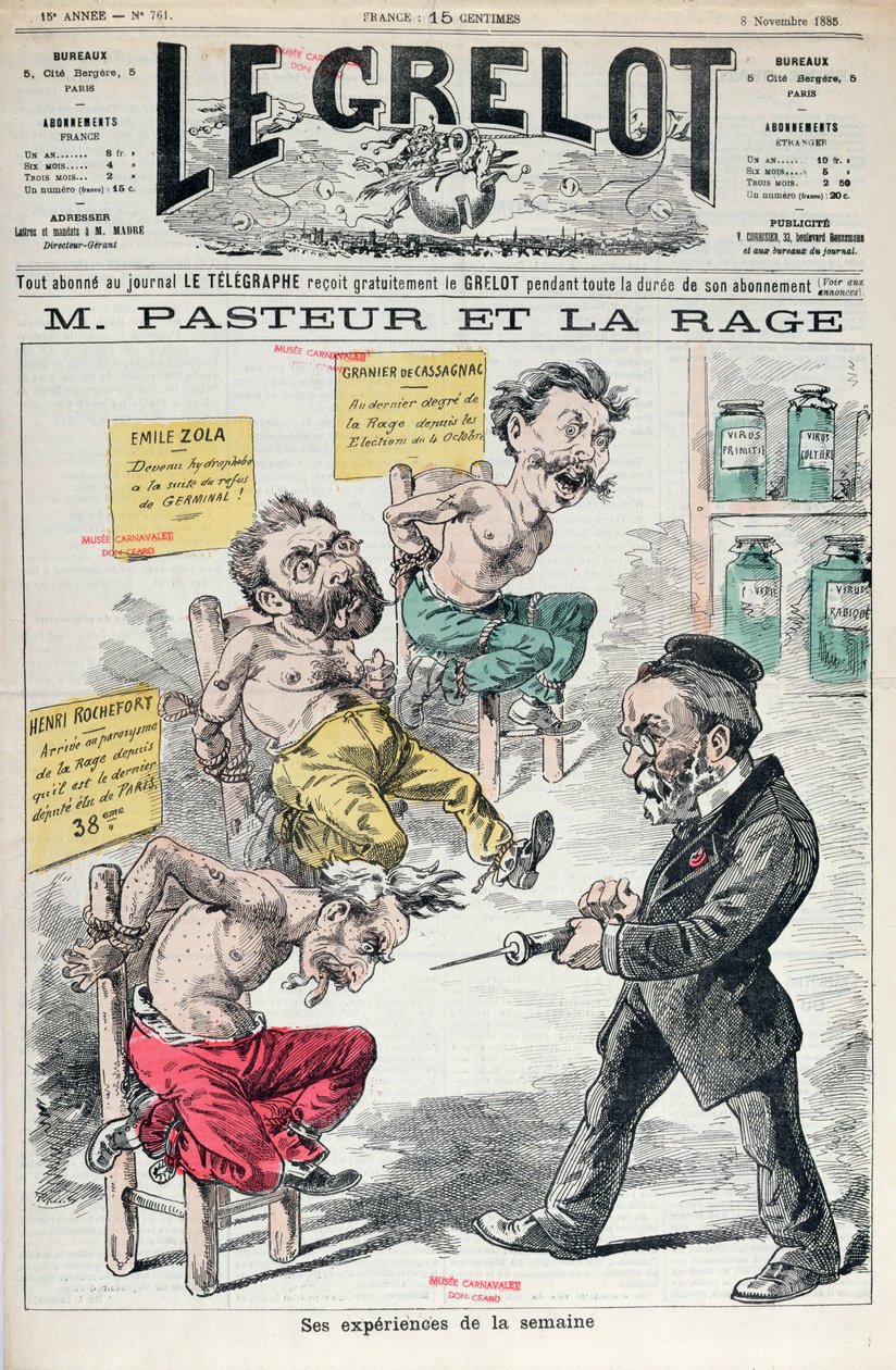 Pasteur en hondsdolheid, karikatuur van de experimenten van Louis Pasteur (1822-95) uit Le Grelot, 8 november 1885 door French School