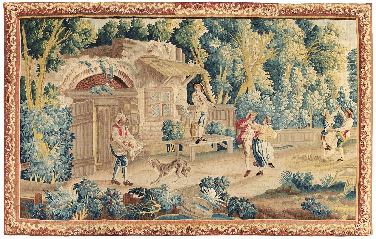 Pastorale wandtapijt, Aubusson, midden 18e eeuw door French School