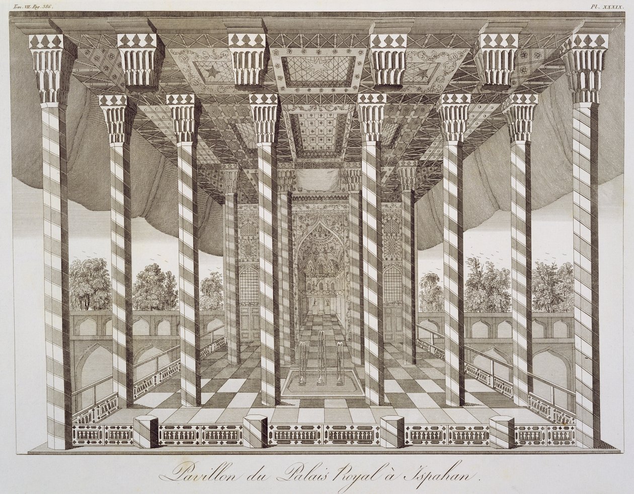 Paviljoen in het Koninklijk Paleis in Isfahan, uit Voyages du Chevalier Chardin en Perse, et autres Lieux d