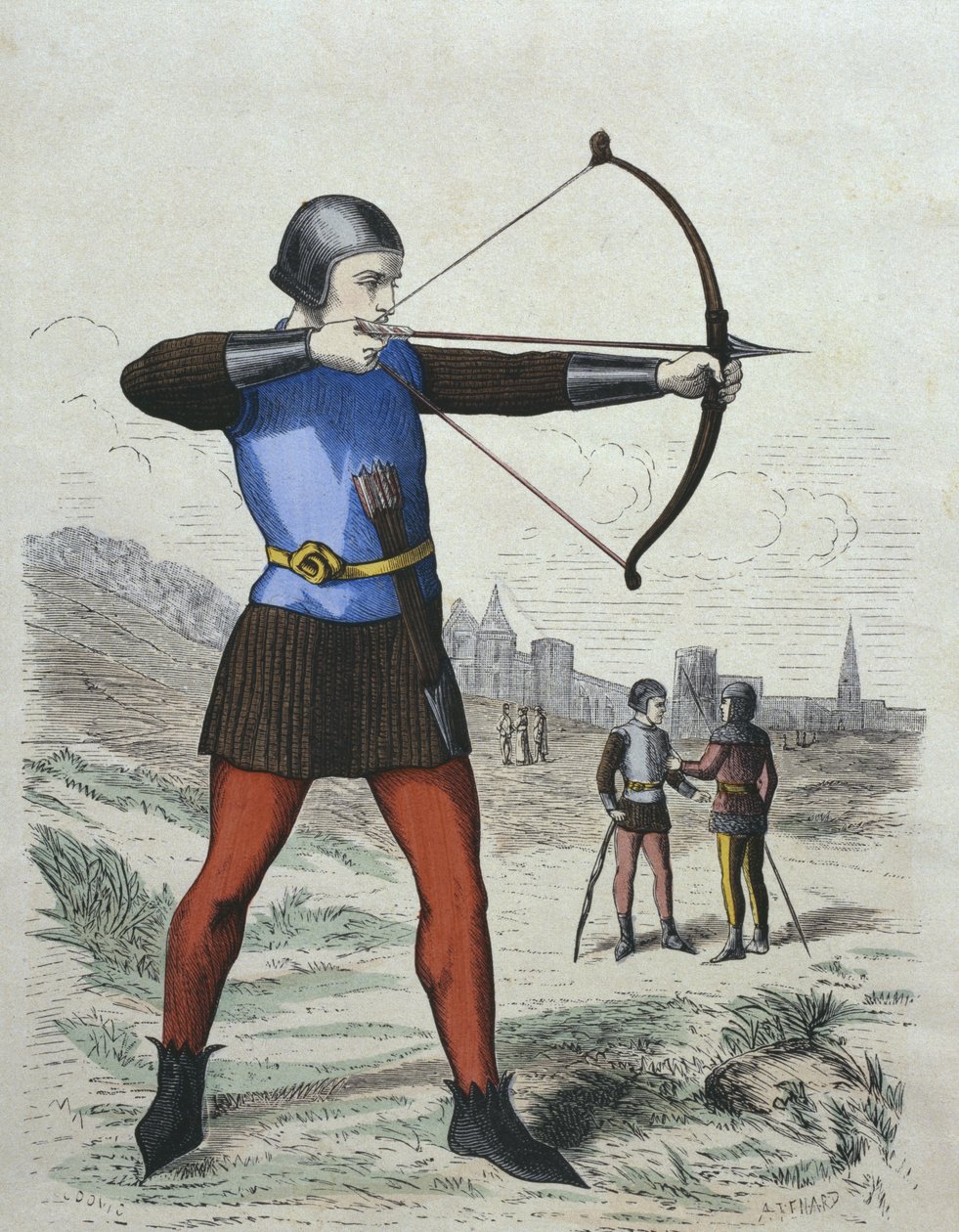 Voetboogschutter in de 13e eeuw, illustratie uit Costumes de Paris a travers les siecles door H. Gourdon de Genouillac, gegraveerd door A. Renard door French School