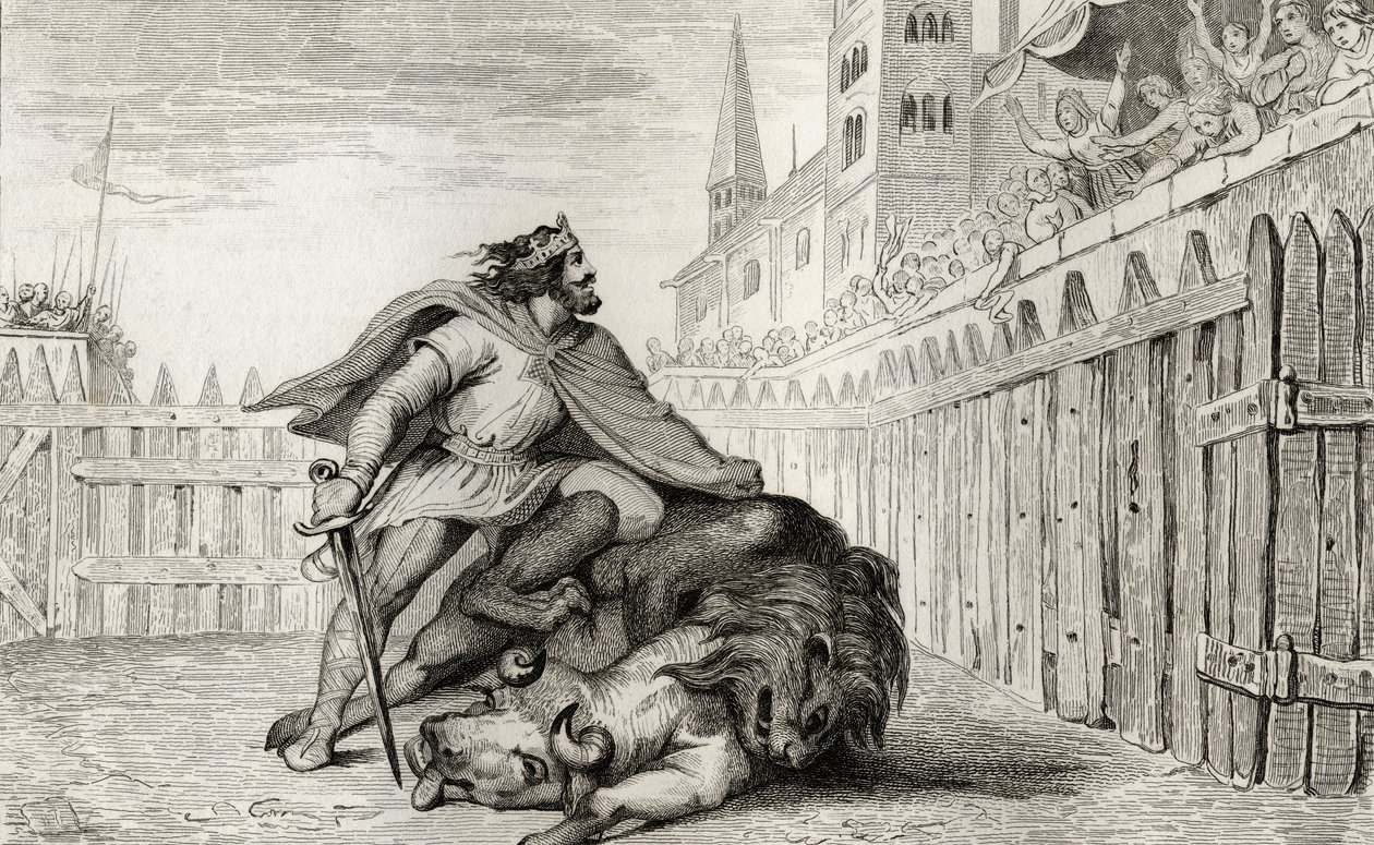 Pepijn III (714-68) de Korte met de leeuw en de stier, uit 