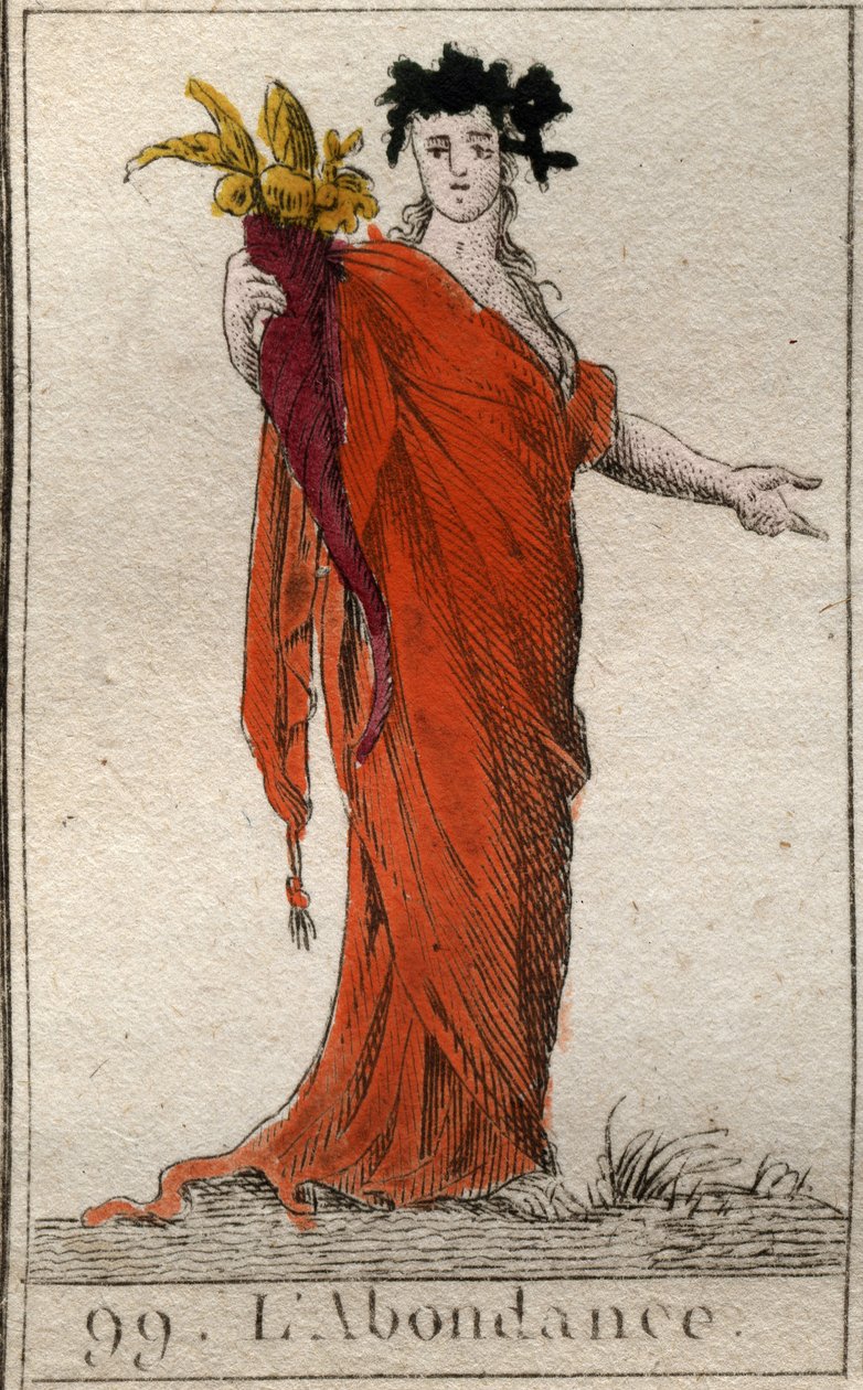 Personificatie van Overvloed, met een hoorn des overvloeds. Uit “Mythologie de la jeunesse” door Pierre Blanchard 1803. door French School