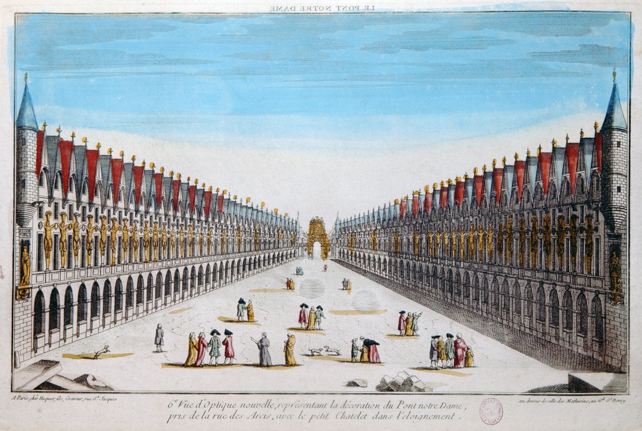Perspectiefweergave van versieringen op de Pont Notre-Dame in Parijs door French School