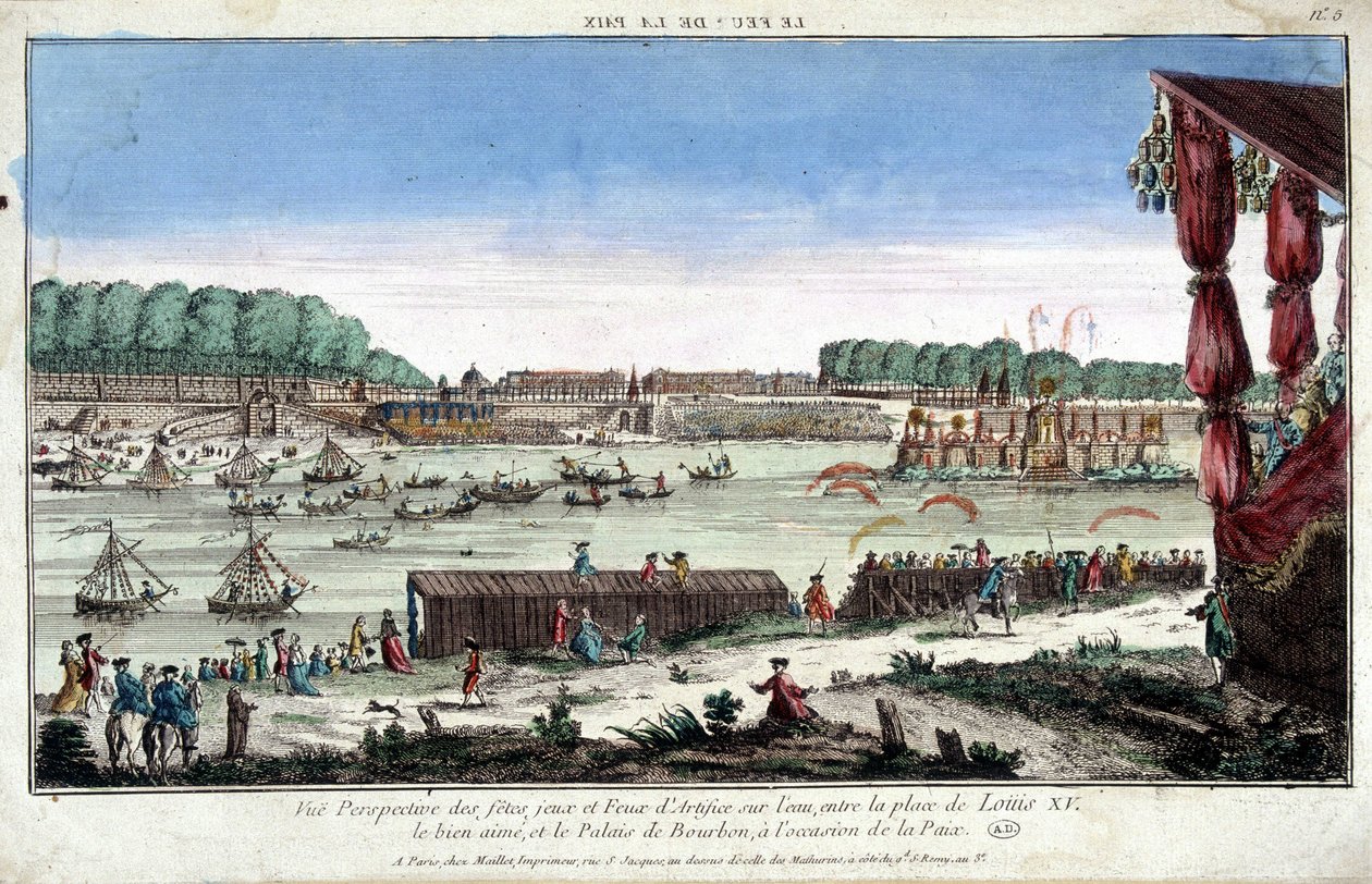 Perspectief van feesten, spelletjes en vuurwerk op het water, tussen Place Louis XV en Palais Bourbon, ter gelegenheid van de Vrede door French School
