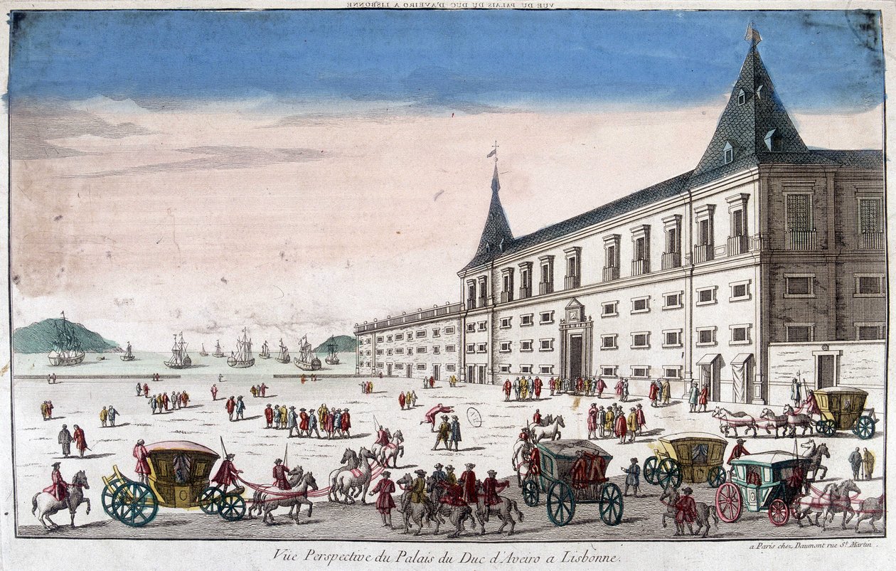 Perspectiefzicht op het Paleis van de Hertog van Aveiro in Lissabon - gravure door French School