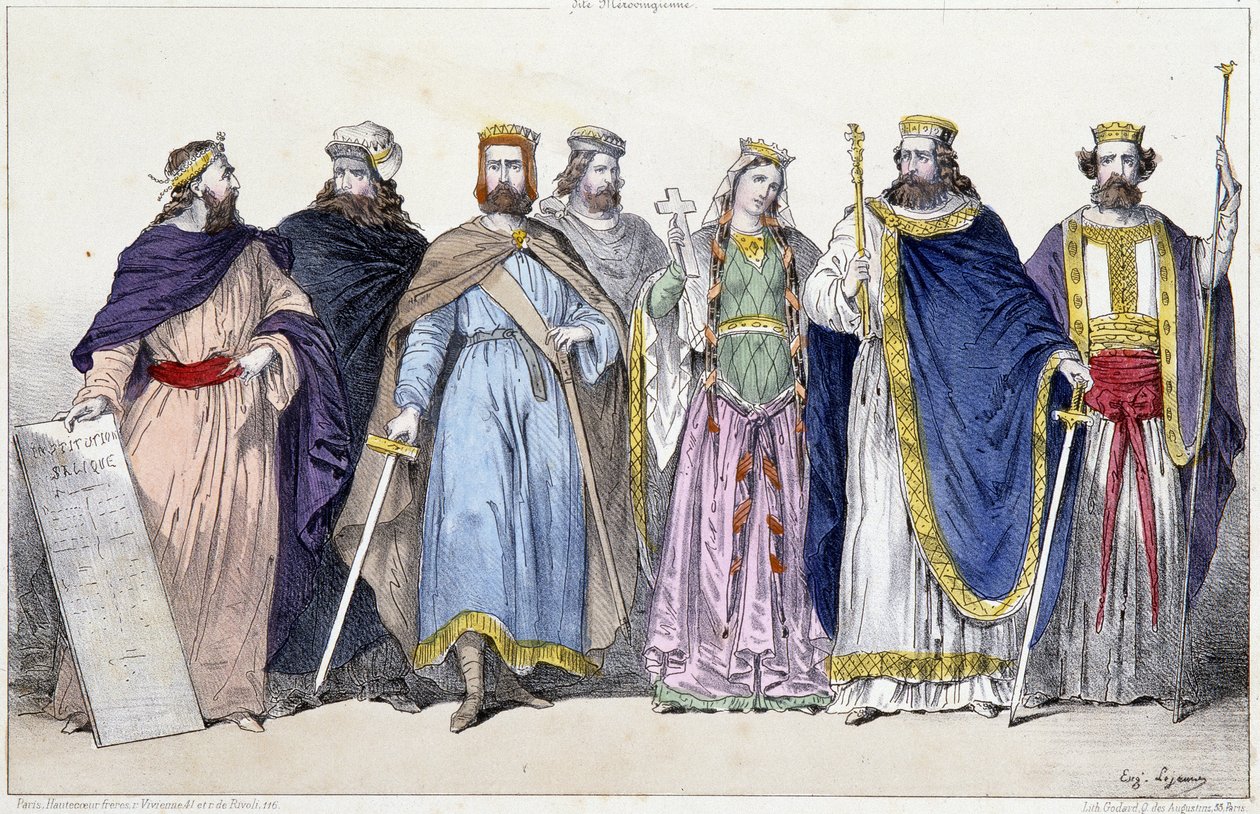Pharamond, Clodion, Merovee, Childeric, Clotilde, Clovis I en Childebert I - in La monarchie française en estampes door French School