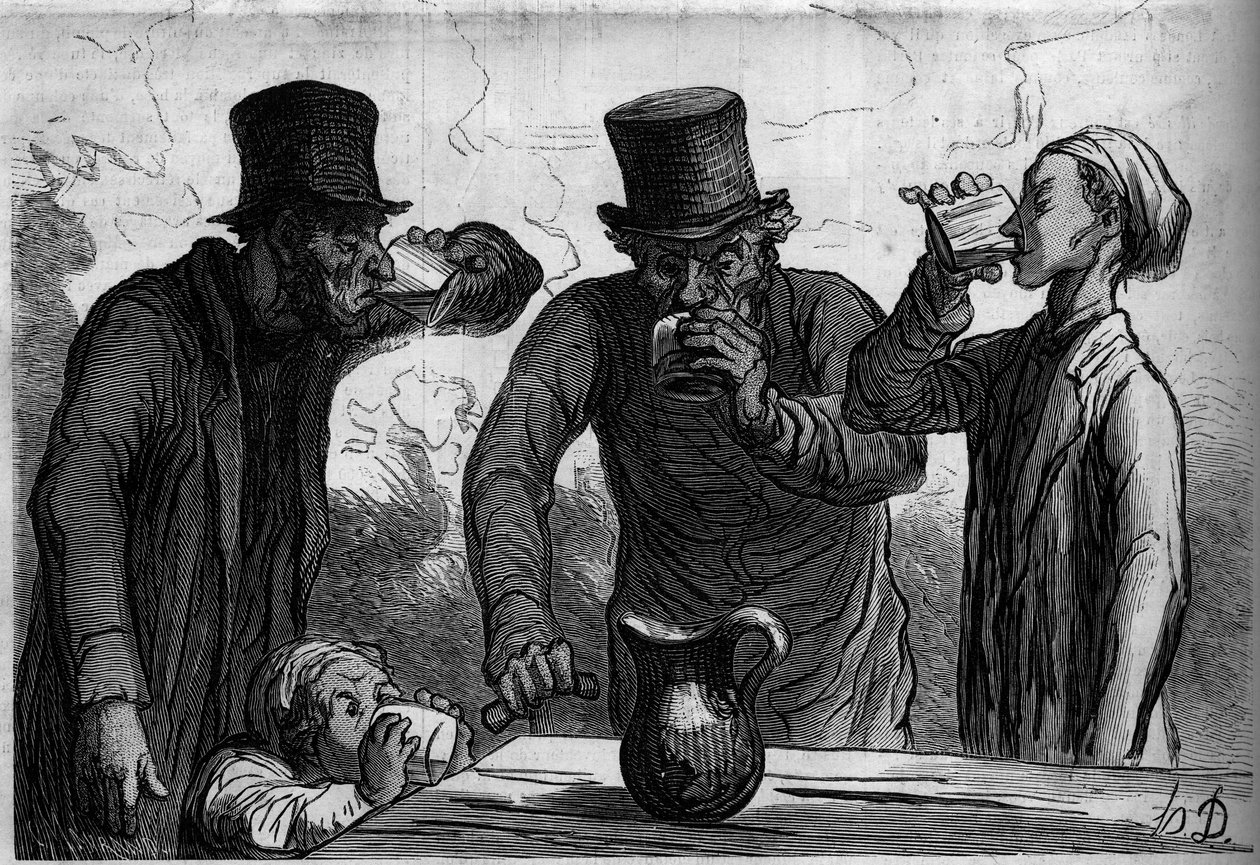 Fysiologie van de drinker: de vier leeftijden. Cartoon door Honoré Daumier. Gravure in 
