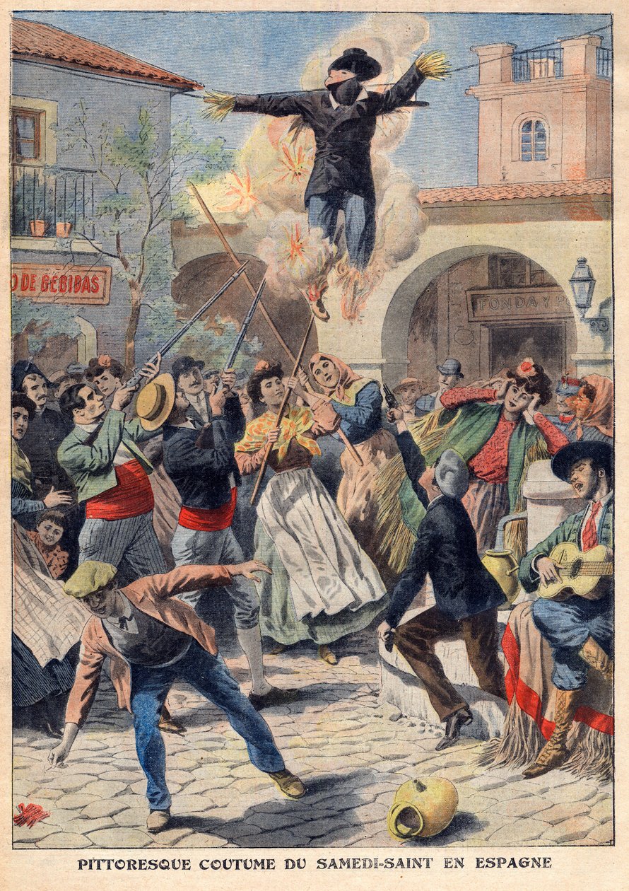 Pittoreske gewoonte van Stille Zaterdag in Spanje: de mensen maken een rieten mannequin gekleed in oude kleren (Judas) die door de straten wordt gedragen, uitgescholden, beschoten en verbrand - illustratie uit 