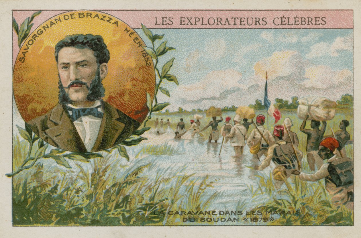 Pierre Savorgnan de Brazza, in Italië geboren Franse ontdekkingsreiziger (chromolitho) door French School