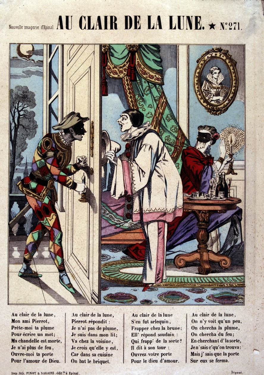 Pierrot, Harlekijn en de buurman, ill. van het lied "Bij het licht van de maan", afbeelding van Epinal door French School