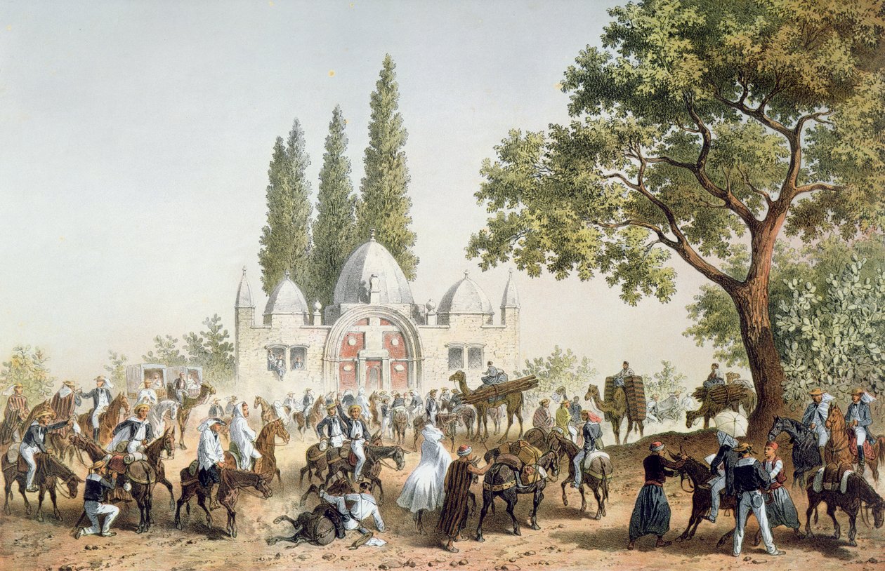 Pelgrims rusten in Jaffa bij de Fontein van Sabil Abu Nabut door French School
