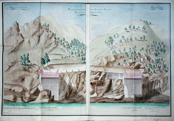 Plan voor de bouw van een stenen brug over de Liamone-rivier in Corsica door French School