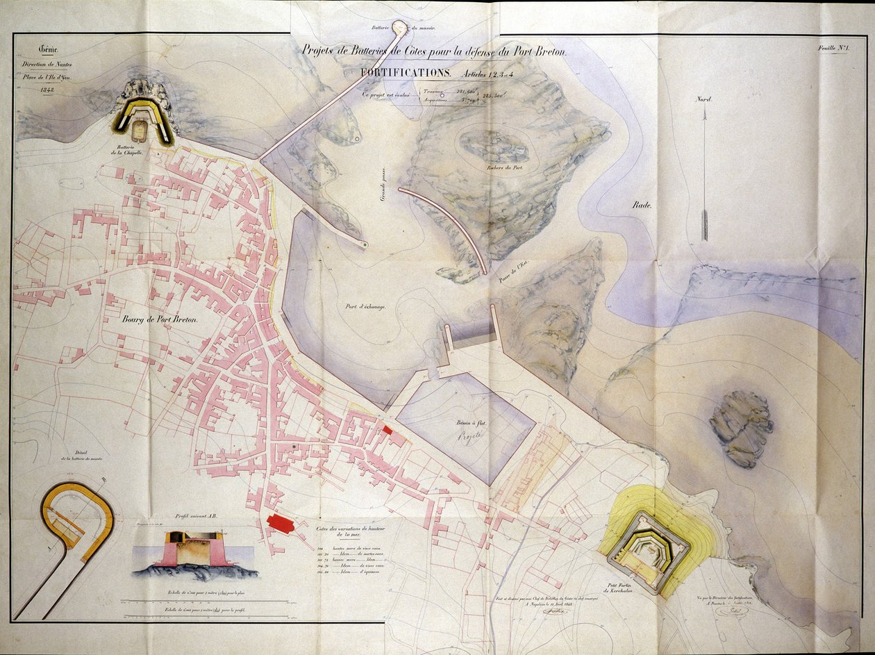 Plan voor de bouw van de kustbatterijen voor de verdediging van de Bretonse Haven in 1848. door French School