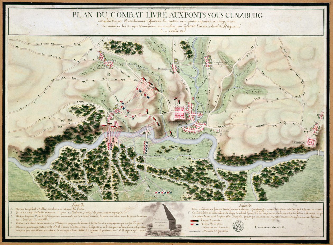 Plan van gebeurtenissen bij de Slag bij Gunzburg tussen Oostenrijkse en Franse troepen in 1805, 1808 door French School
