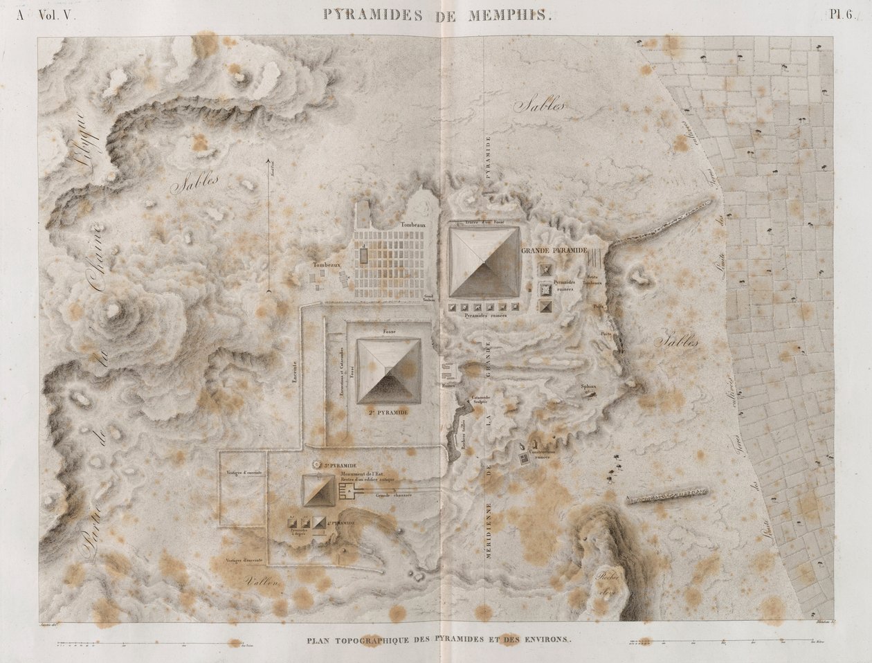 Plan van de Piramides van Memphis en de omliggende omgeving door French School