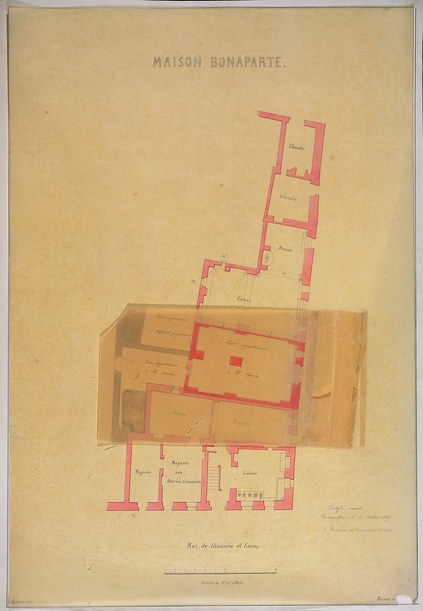 Plattegrond van de begane grond en kelders van het huis in Ajaccio, Corsica waar Napoleon Bonaparte werd geboren, 1837 door French School