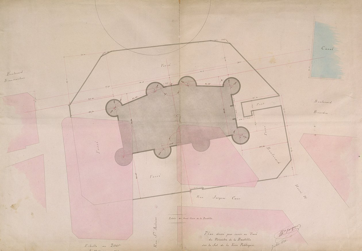 Plan met de perimeterlijnen van de Bastille, 1830 door French School