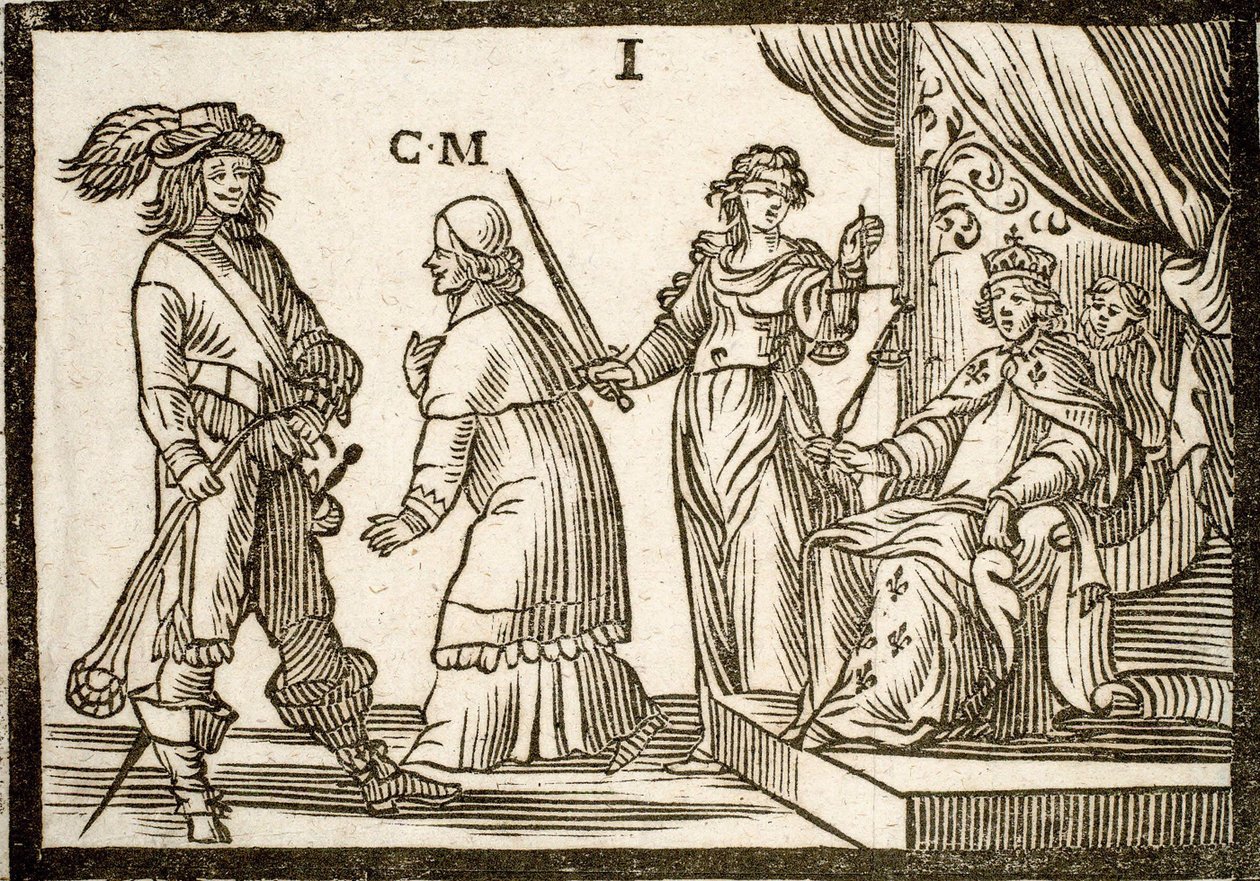 Politieke pamfletten Mazarinade: Mazarin verbannen door Justitie en Sling, verlaat de Koning (Lodewijk XIII). Gegraveerd hout 1651 door French School