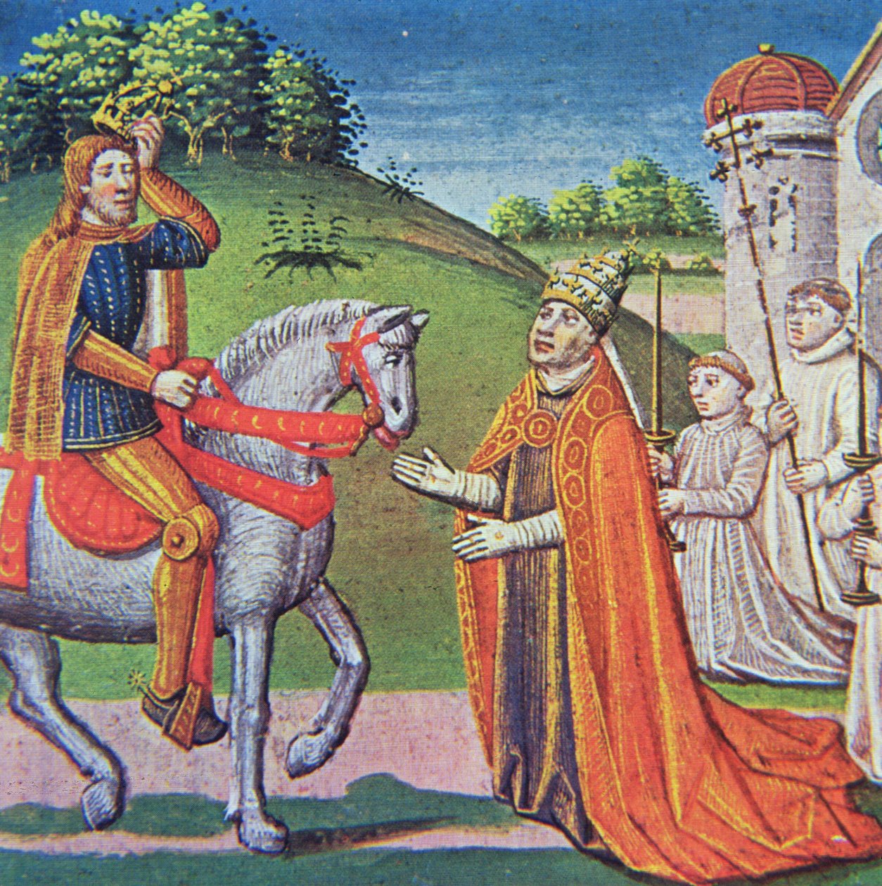Paus Adrianus I ontmoet Karel de Grote, miniatuur uit de 