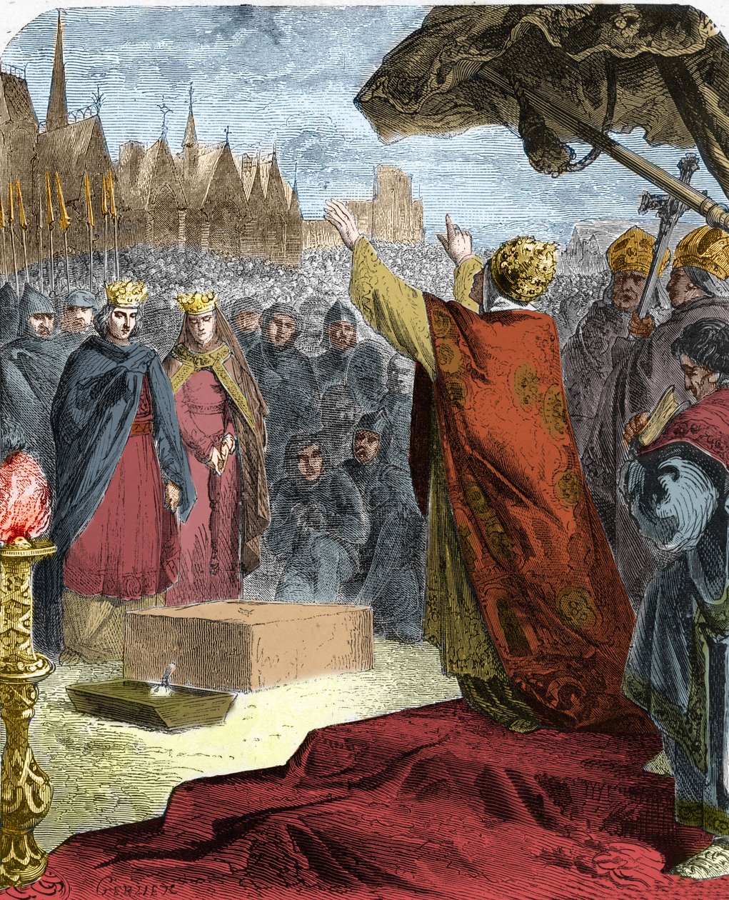 Paus Alexander III (Orlando Bandinelli) legde in 1163 de eerste steen van de kathedraal van Notre Dame de Paris (Notre-Dame) in aanwezigheid van koning Lodewijk VII van Frankrijk en de bisschop Maurice de Sully. door French School