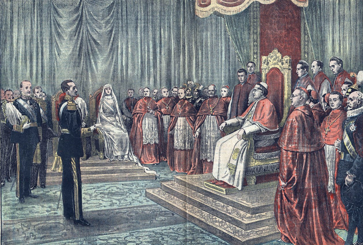 Paus Pius XI ontvangt in plechtige audiëntie de heersers van Spanje, in 