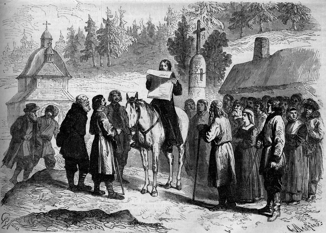 Paus vertaalt en leest een oekaze van de keizer van Rusland (Alexander II) voor aan analfabete Poolse boeren door French School