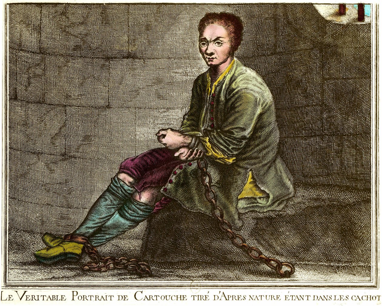 Portret van Louis Dominique Cartouche (1693-1721), Franse bandiet in zijn kerker Gravure uit de 18e eeuw Privécollectie door French School