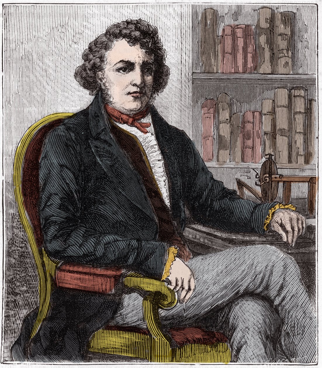Portret van Andre Marie Ampere (1775-1836) Franse natuurkundige - Andre-Marie Ampere (1775-1836), Franse natuurkundige en pionier van de elektrodynamica - Gravure in "Wetenschappen binnen het bereik van iedereen - natuurkunde en chemie populair" door Alexi door French School