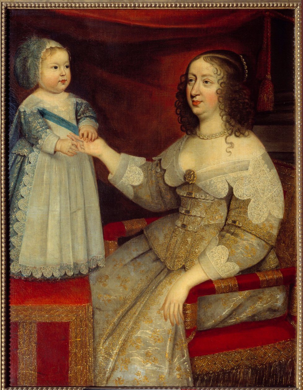 Portret van Anna van Oostenrijk, Koningin van Frankrijk en de dauphin Lodewijk XIV als kind door French School
