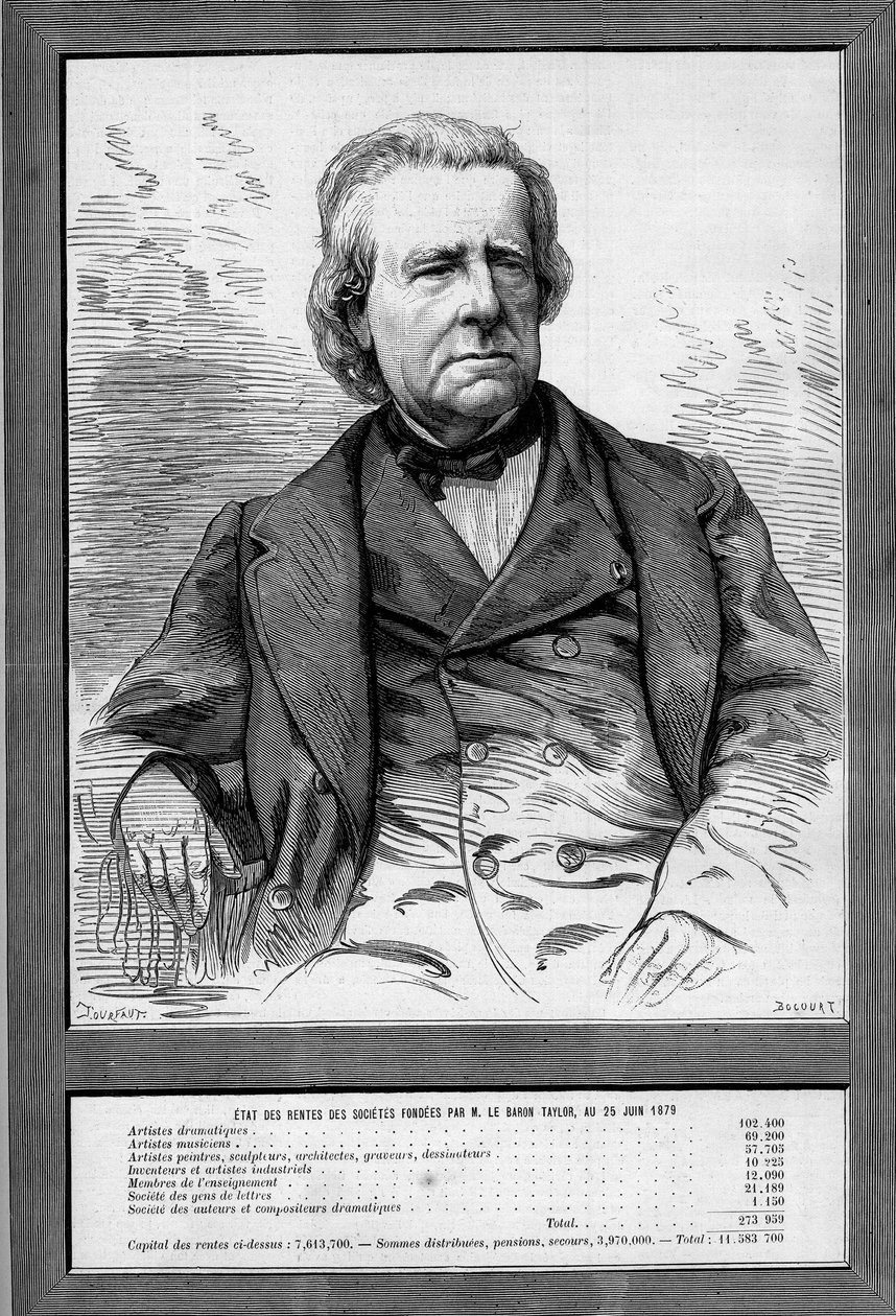 Portret van Baron Taylor (Isidore Justin Severin Taylor, genoemd) (1789-1879), Franse toneelschrijver en filantroop. Gravure in 