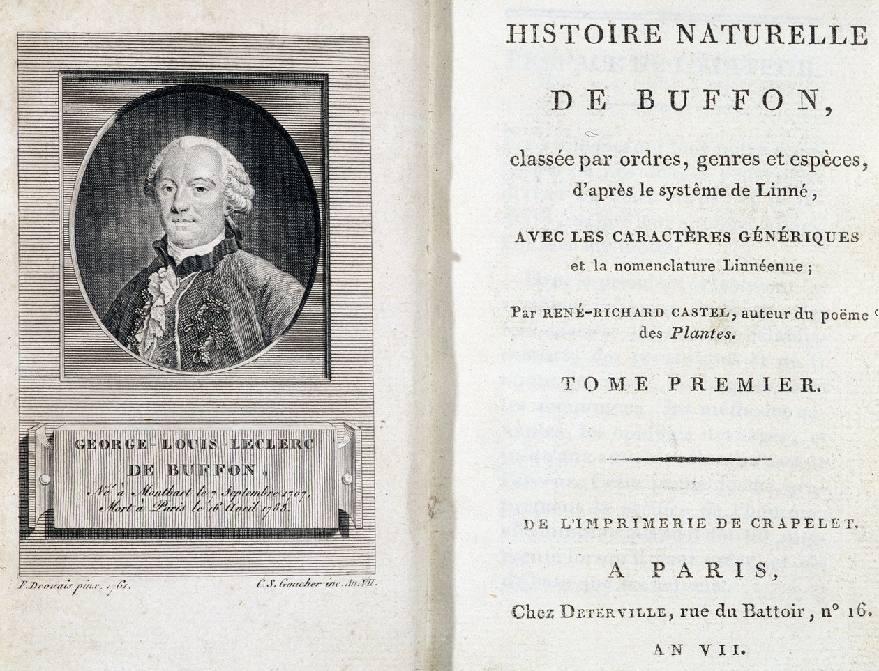 Portret van Buffon en de titelpagina van Histoire naturelle de Buffon door French School