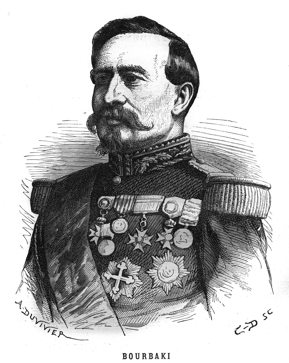 Portret van Charles Denis Bourbaki (1816-1897), Franse officier. Gravure in 