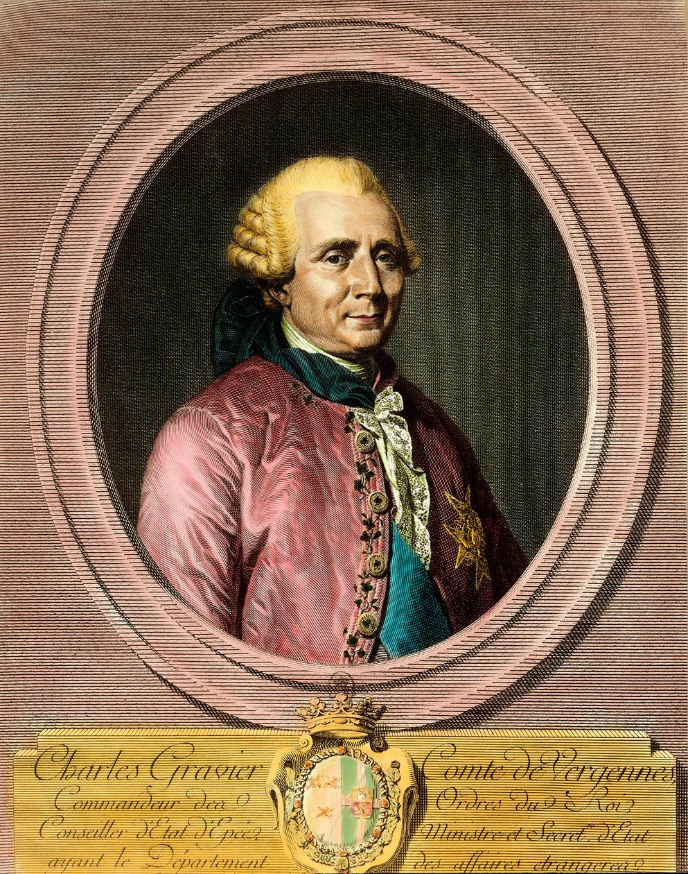Portret van Charles Gravier, Graaf van Vergennes (1719 - 1787). Gravure uit de 18e eeuw. Privécollectie. door French School