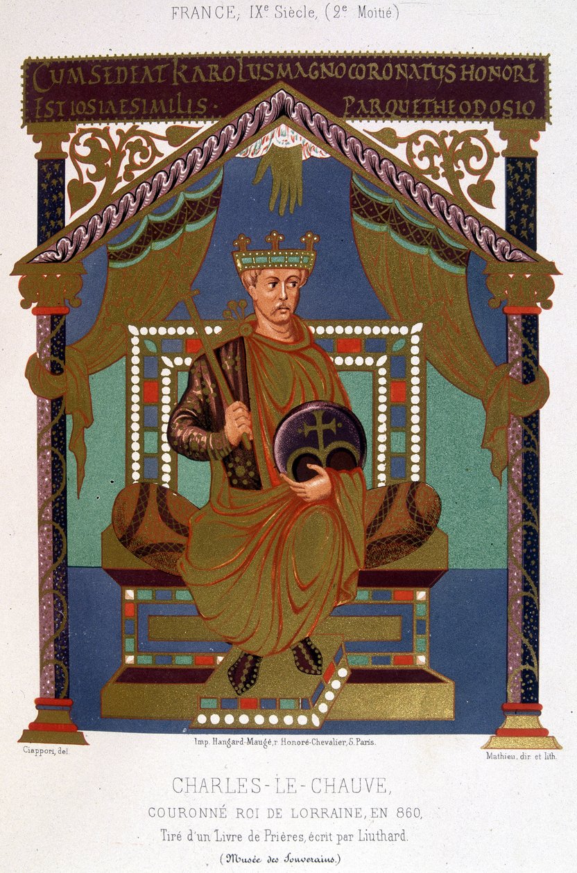 Portret van Karel II de Kale (823-877) gekroond tot koning van Lotharingen in 860 door French School