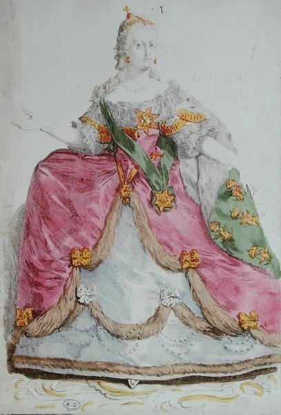 Portret van Keizerin Catharina II (1729-96) de Grote van Rusland, eind 18e eeuw (gekleurde gravure) door French School