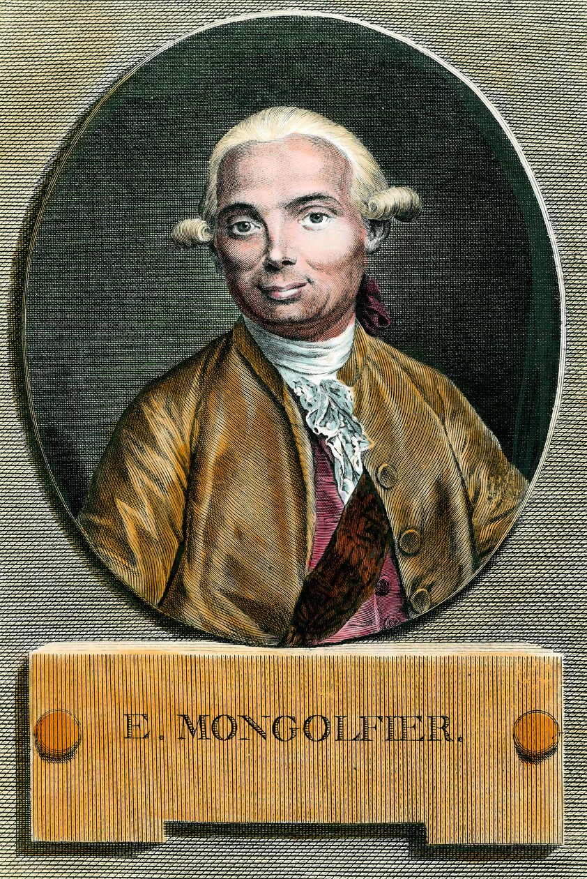 Portret van Etienne de Montgolfier (1745 - 1799), uitvinder van de heteluchtballon. Gravure uit de 18e eeuw. Privécollectie. door French School