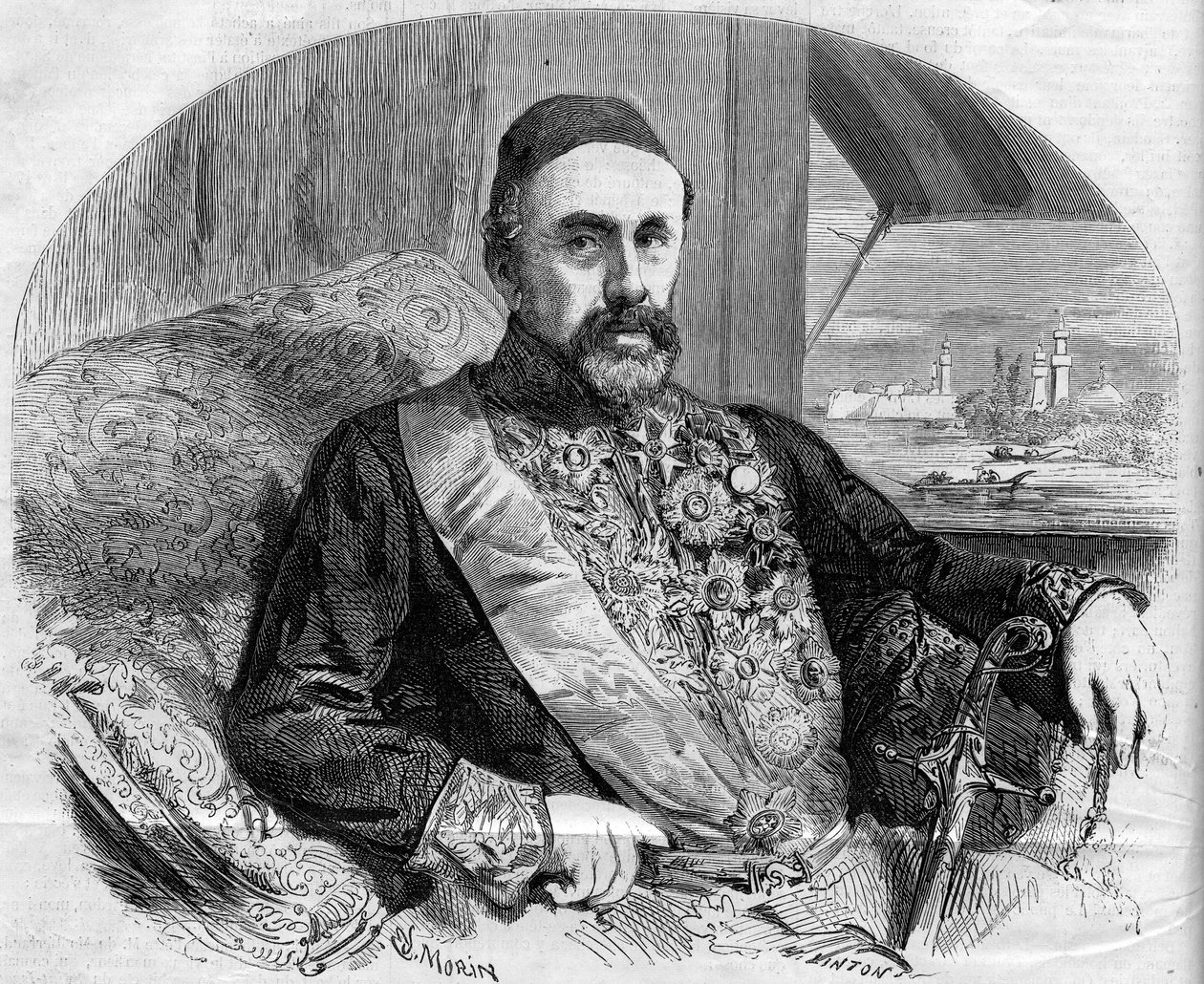 Portret van Fouad (Fuad) Pasha (1815-1869), Turkse politicus en ambassadeur. Gravure door Morin in 