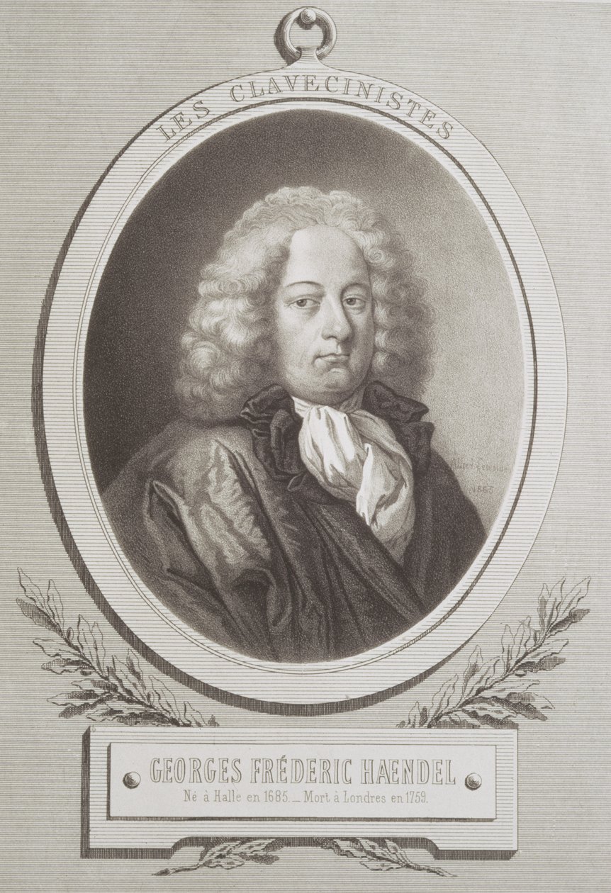 Portret van George Frederick Handel, frontispice van een muziekpartituur door French School