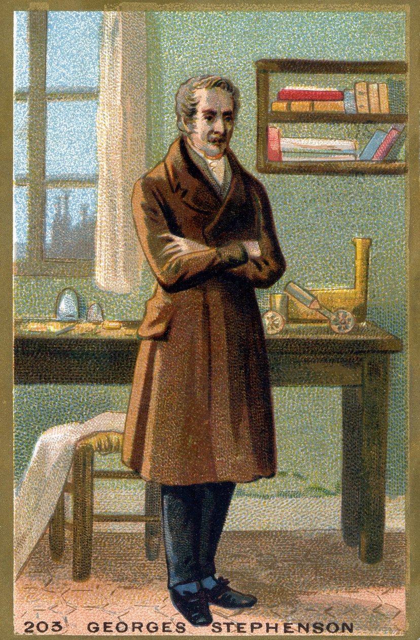 Portret van George Stephenson (1781-1848). Chromolithografie van het ...