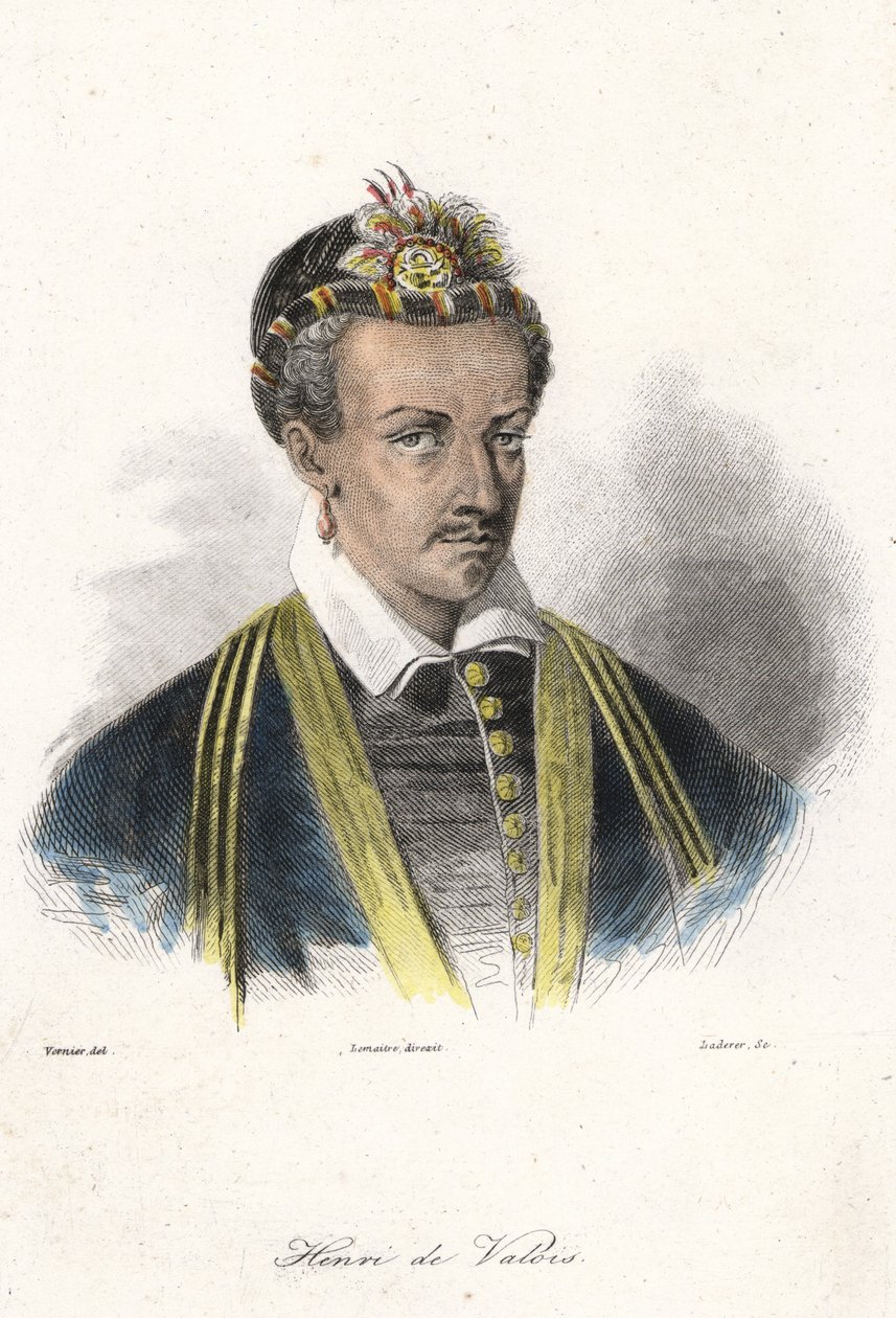 Portret van Hendrik III (1551 - 1589), koning van Frankrijk. (met een oorbel). Gravure 19e eeuw door French School