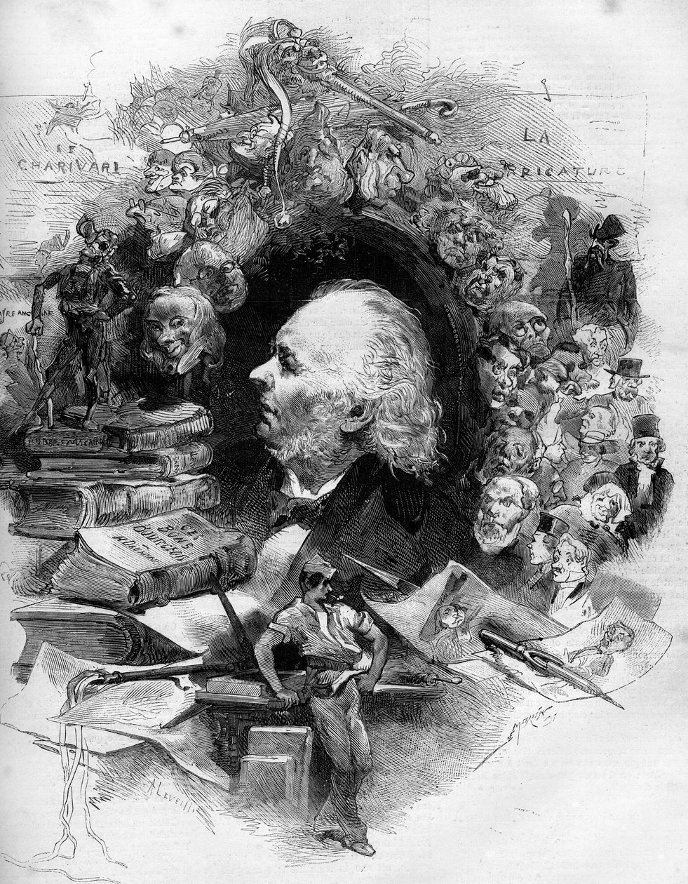 Portret van Honoré Daumier (1808-1879), Franse cartoonist, schilder en cartoonist. Gravure in 