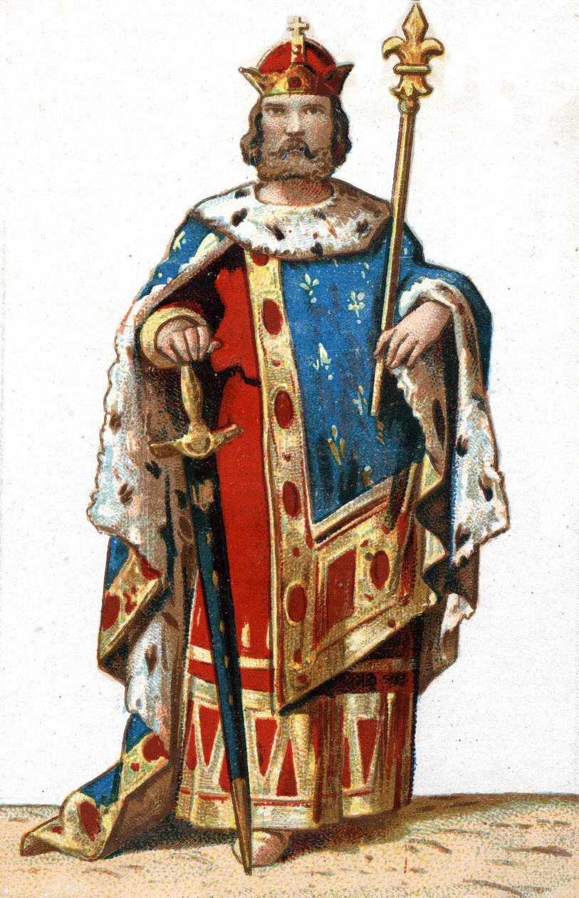 Portret van Hugues I Capet (ca. 941 - 996), Hertog van Frankrijk en vervolgens Koning van Frankrijk. Chromolithografie van het einde van de 19e eeuw. door French School