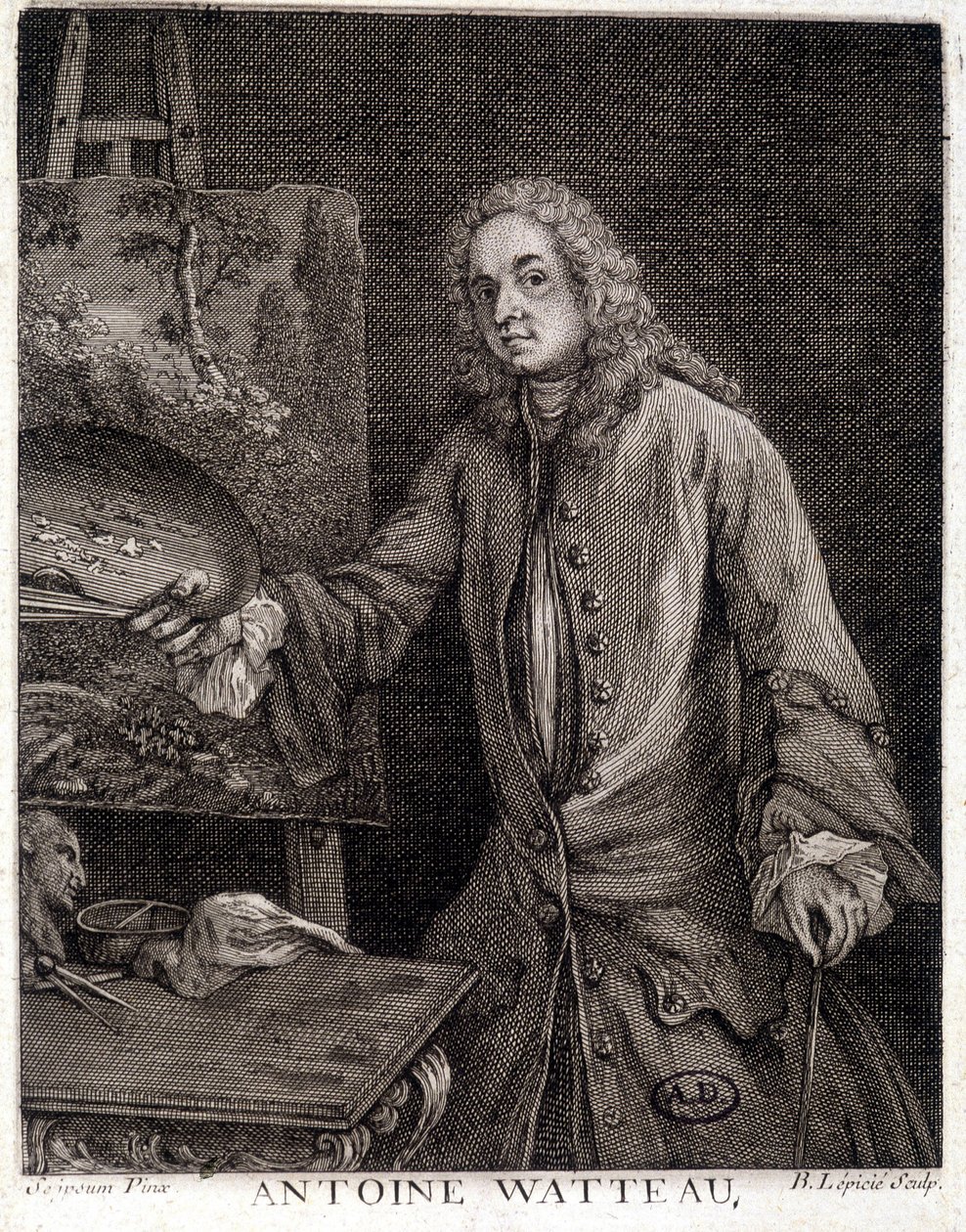 Portret van Jean Antoine Watteau (1684-1721), Franse schilder - gravure door French School