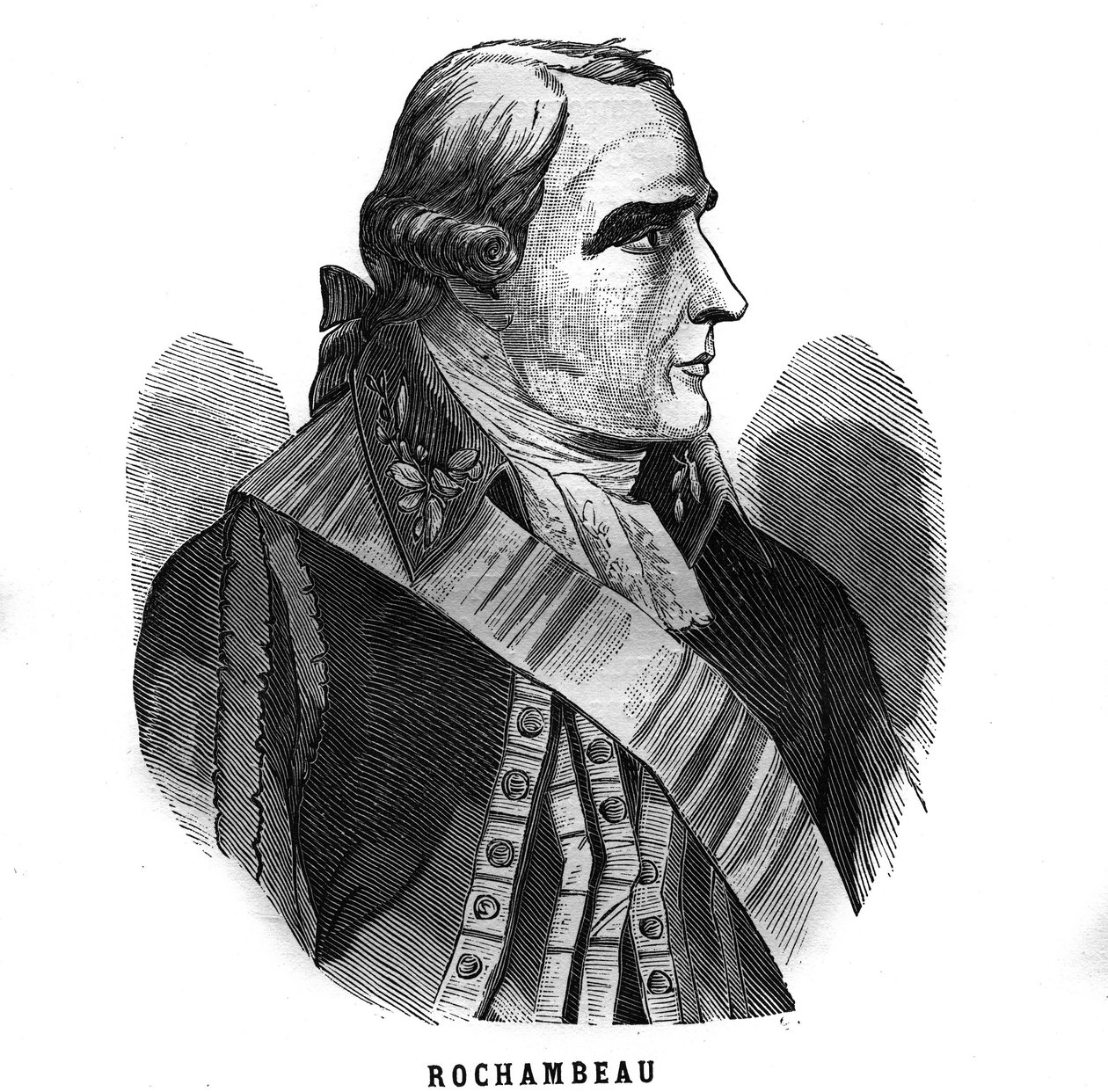 Portret van Jean Baptiste Donatien de Vimeur, graaf van Rochambeau (1725-1807), maarschalk van Frankrijk. Gravure in 