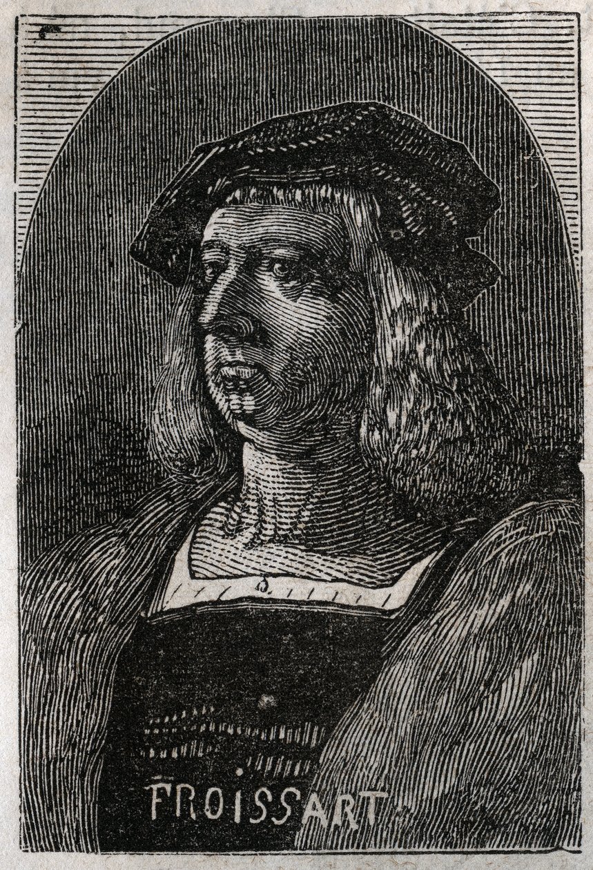 Portret van John Froissart (Jean Froissart) (1337-1404), Franse kroniekschrijver van middeleeuws Frankrijk - gravure in 