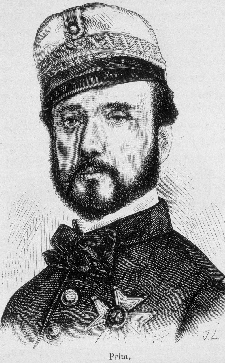 Portret van Juan Prim y Prats, Spaanse generaal en politicus (1814-1870) - in “The History of France” door Henri Martin door French School