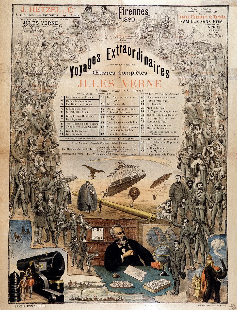 Portret van Jules Verne en scènes uit zijn werken - Reclameposter voor zijn volledige werken door French School